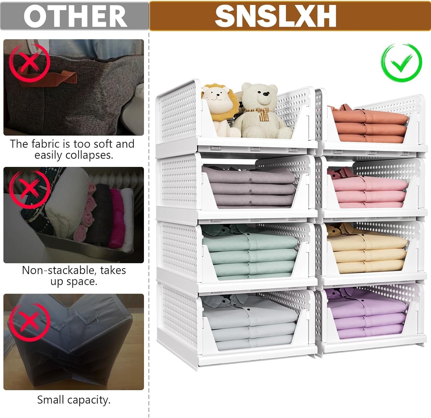 5 Pack Wardrobe Storage Organiser, Stackable & Foldable Closet Organisers for Bedroom Bathroom Laundry Room Wardrobe Storage, Space-Saving Clothes Storage Drawer Organiser Basket, White