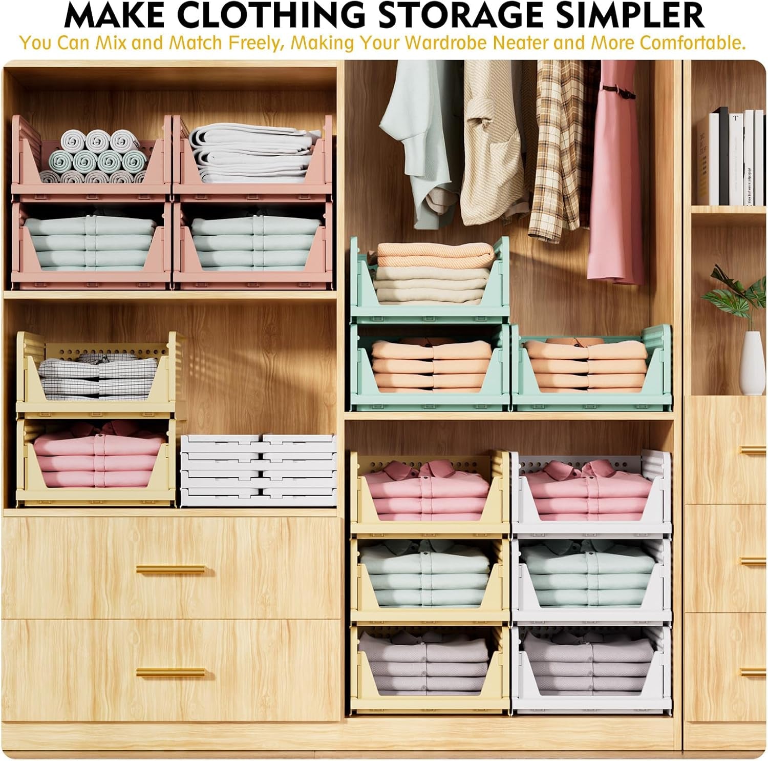 5 Pack Wardrobe Storage Organiser, Stackable & Foldable Closet Organisers for Bedroom Bathroom Laundry Room Wardrobe Storage, Space-Saving Clothes Storage Drawer Organiser Basket, White