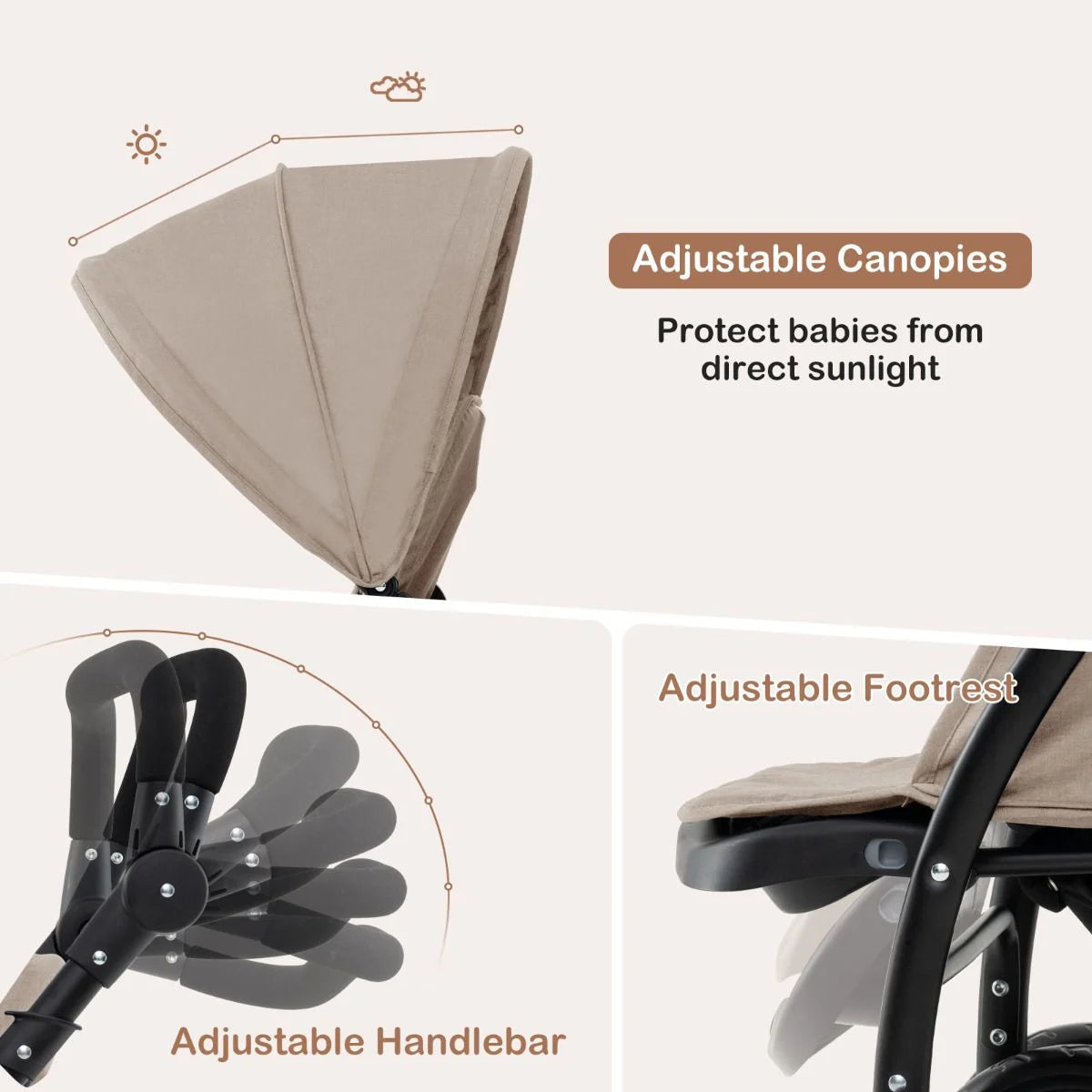 Double Pushchair with Adjustable Backrest and Sunshade