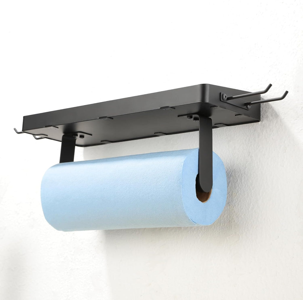 Garage Paper Towel Holder with Shelf - Paper Towel Holder Wall Mount, Garage Organization and Storage, Stainless Steel Paper Towel Rack with Hooks for Kitchen (Black)