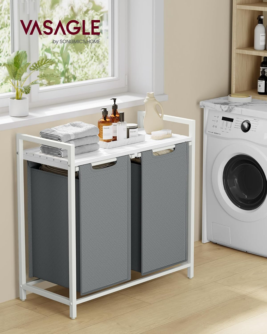 Laundry Hamper, Laundry Basket, Laundry Sorter with 2 Pull-Out and Removable Bags, Shelf, Metal Frame, 2 X 12.1 Gallons (46 L), 28.8 X 13 X 28.4 Inches, Slate Gray and Cloud White UBLH201W11
