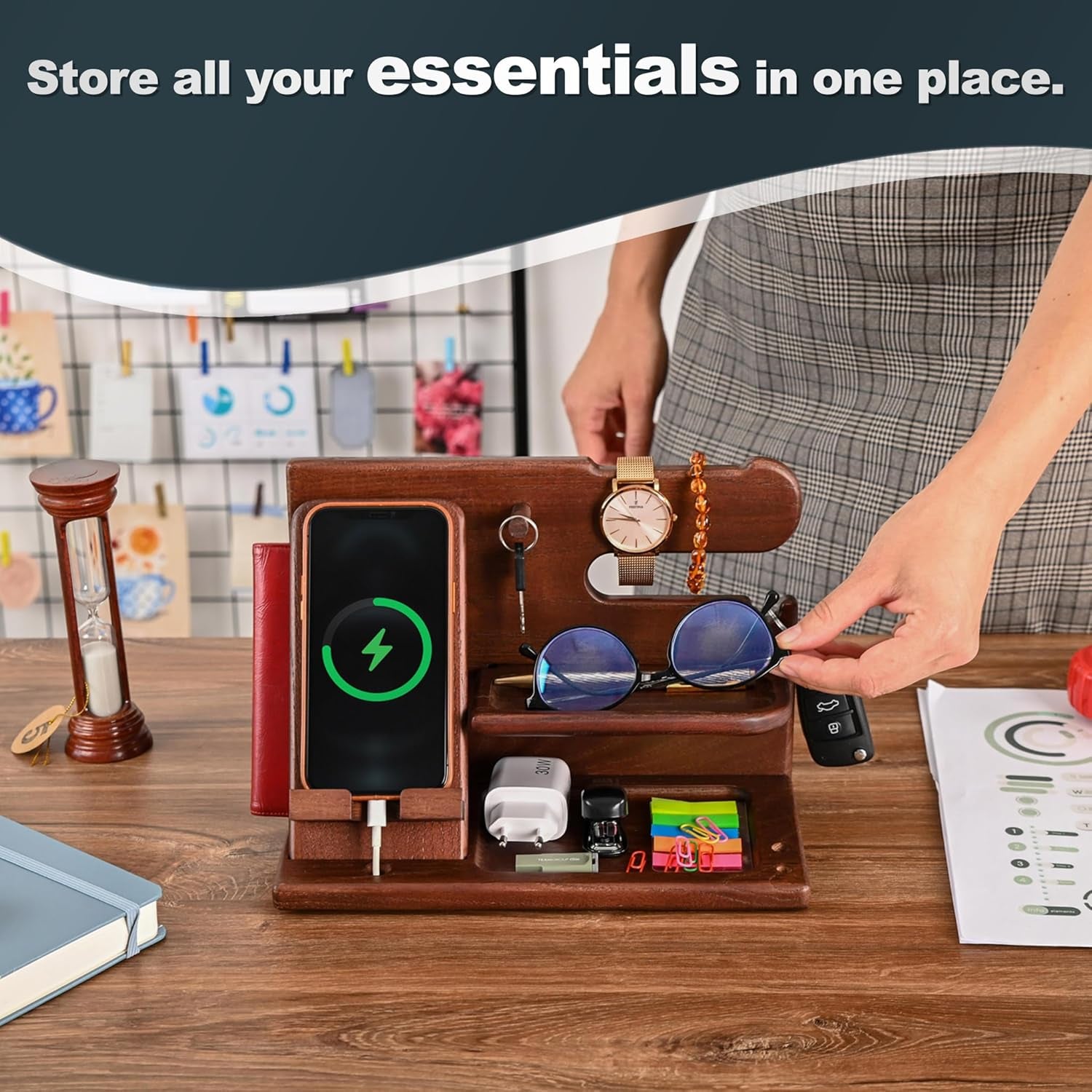 Gifts for Men Wood Phone Docking Station – Solid Ash Nightstand Organizer with Key Holder, Wallet & Watch Stand, Wooden Desk Organizer for Husband Boyfriend Dad Birthday Gift (Brown)