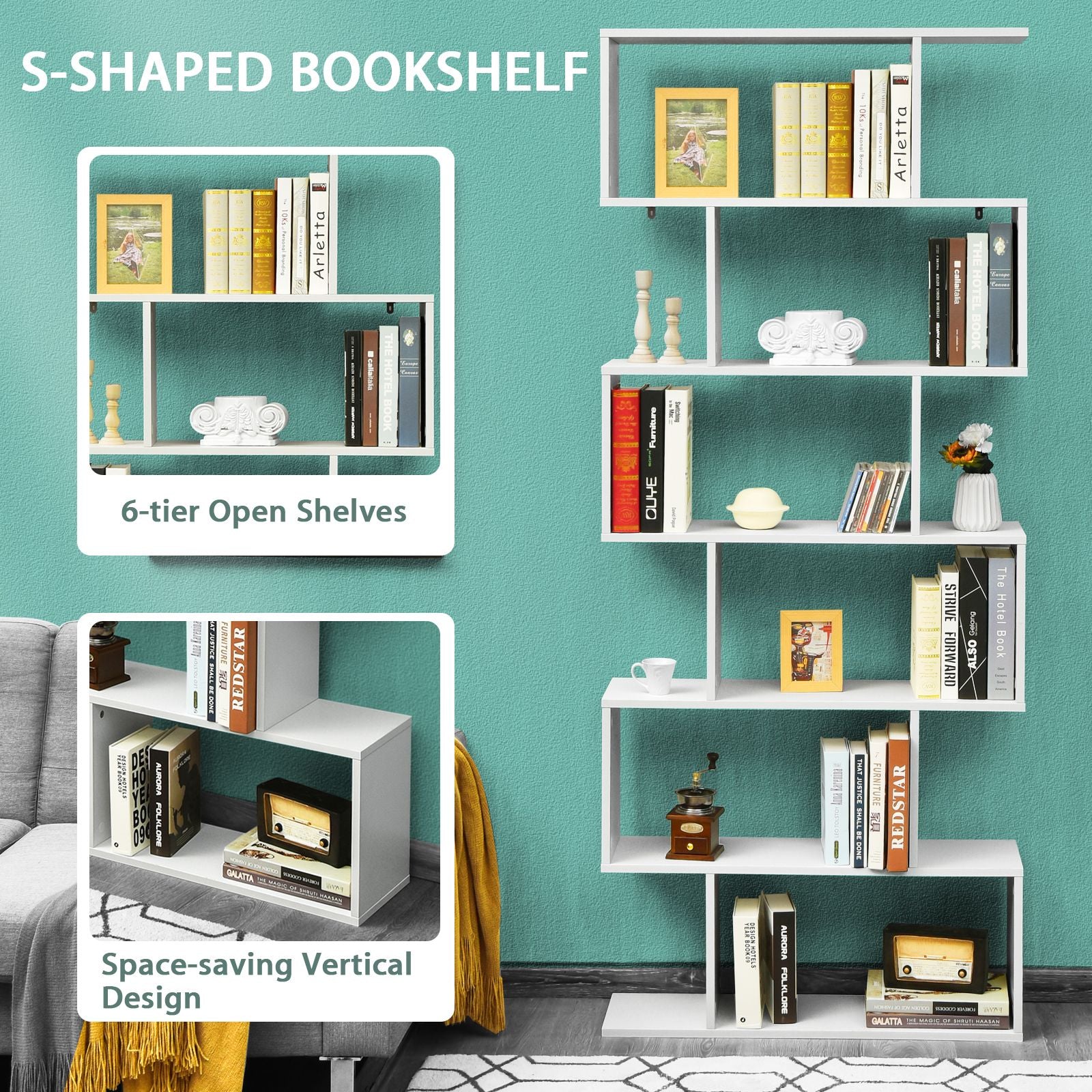 6-Tier S-Shaped Wooden Industrial Bookshelf