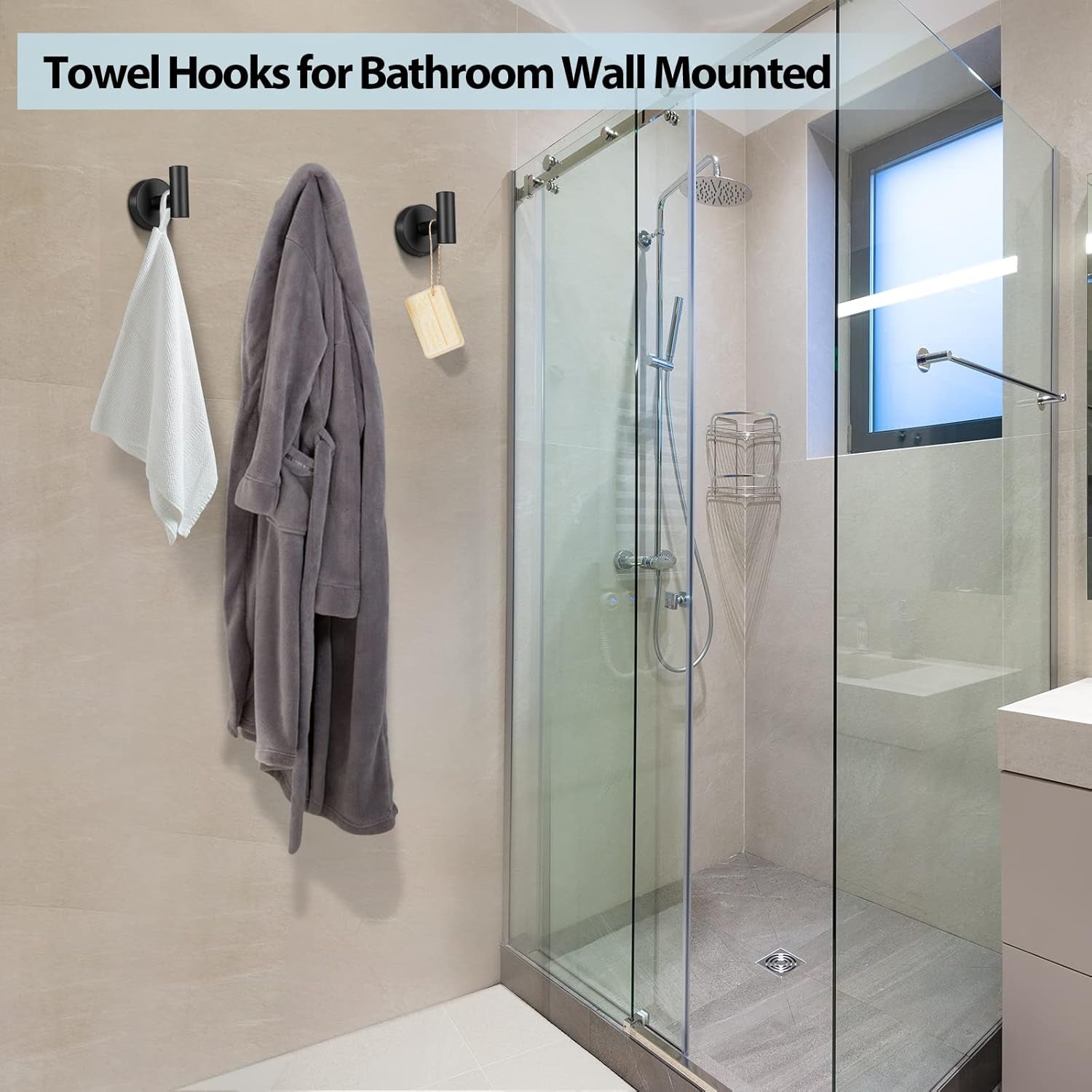 Towel Hooks for Bathroom,2 Packs Wall Mount Towel Holder,Black Matte Wall Robe Hook,Stainless Steel Heavy Duty Door Hanger Towel Hook for Kitchen, Bedroom,Hotel,Pool,Coats(Drilling)