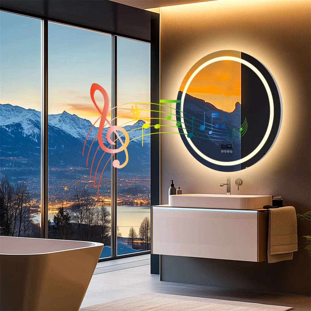 round Bathroom Mirror with Dual Bluetooth Speakers Anti-Fog Lighted Shower Vanity Mirror with Time Weather Display
