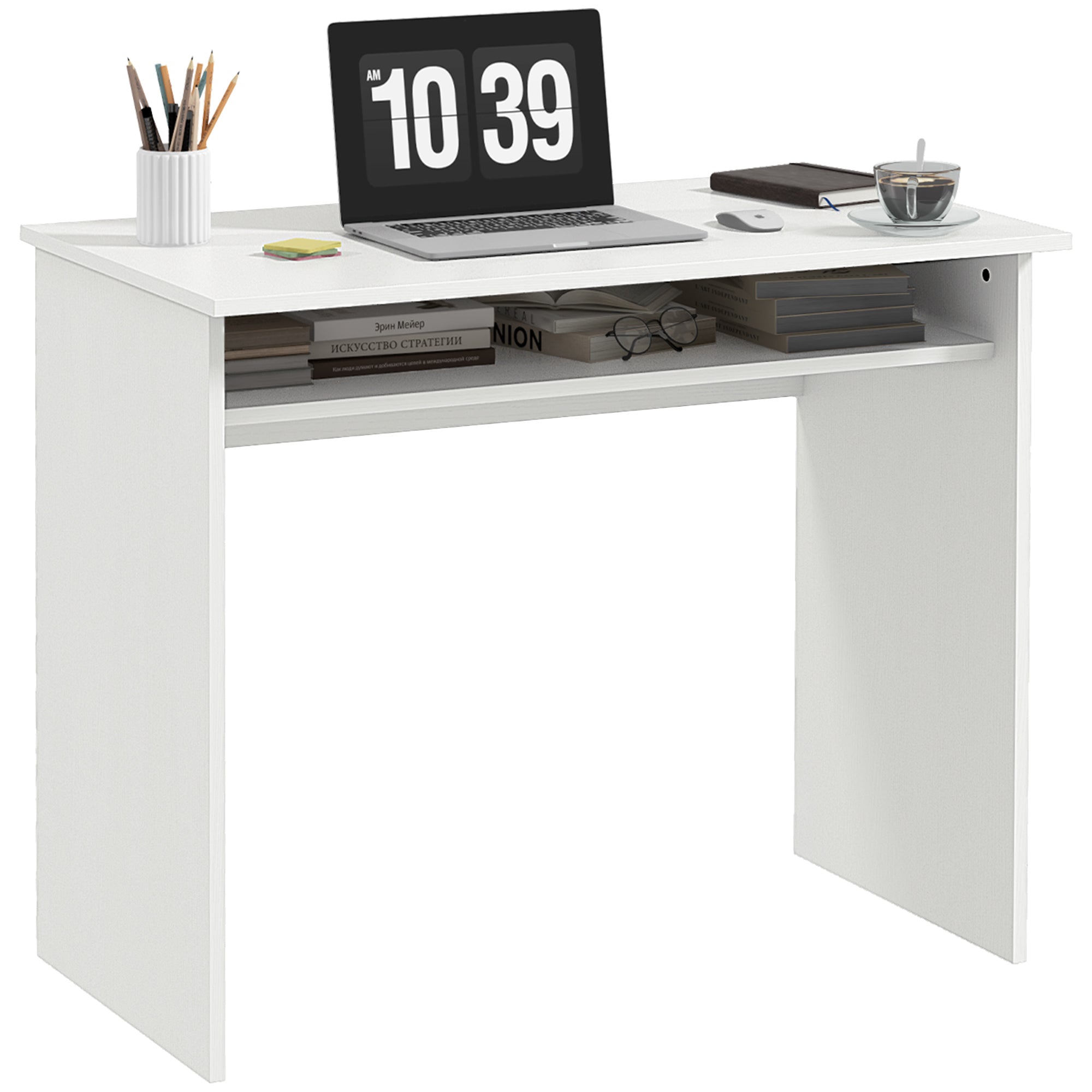 Writing Desk Laptop Table Workstation with Shelf Home Office High Gloss White