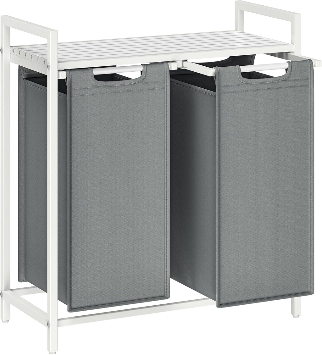 Laundry Hamper, Laundry Basket, Laundry Sorter with 2 Pull-Out and Removable Bags, Shelf, Metal Frame, 2 X 12.1 Gallons (46 L), 28.8 X 13 X 28.4 Inches, Slate Gray and Cloud White UBLH201W11