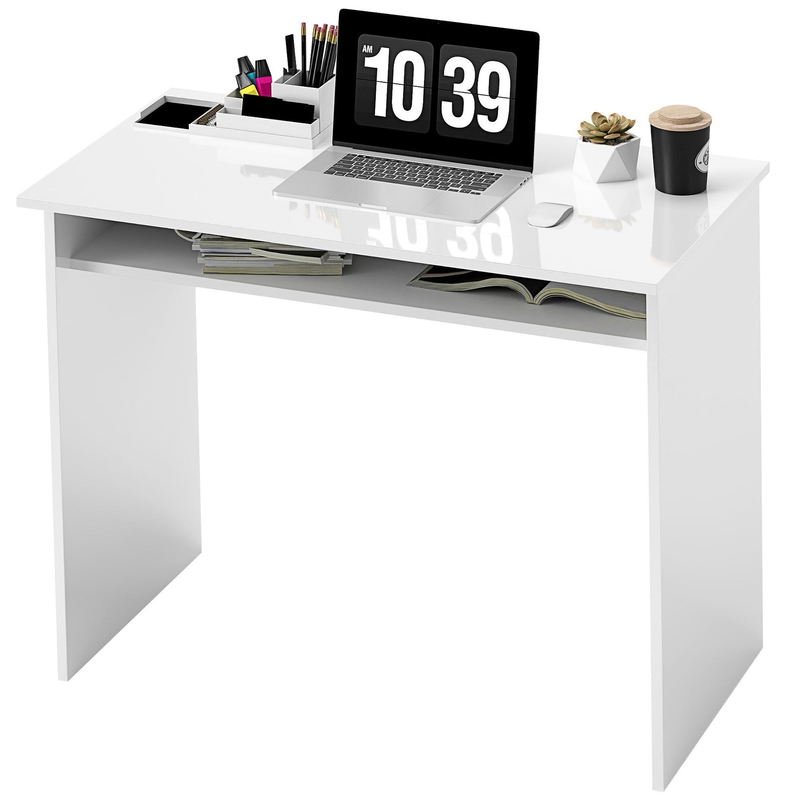 Writing Desk Laptop Table Workstation with Shelf Home Office High Gloss White