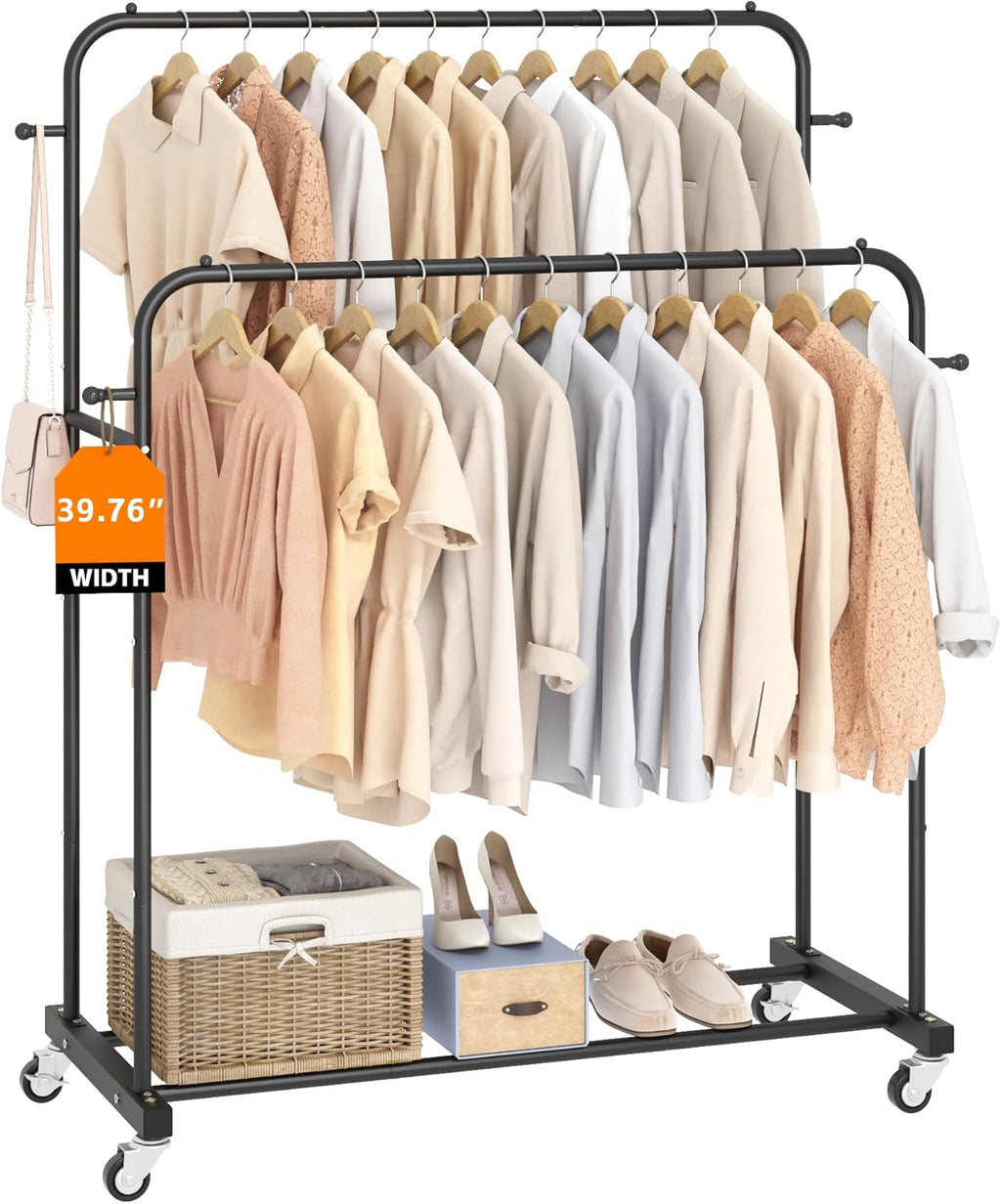 Double Rods Garment Rack with Wheels, Black, 4 Hooks, Multi-Functional Bedroom Clothes Rack, Portable, Modern, Metal, Require Assembly