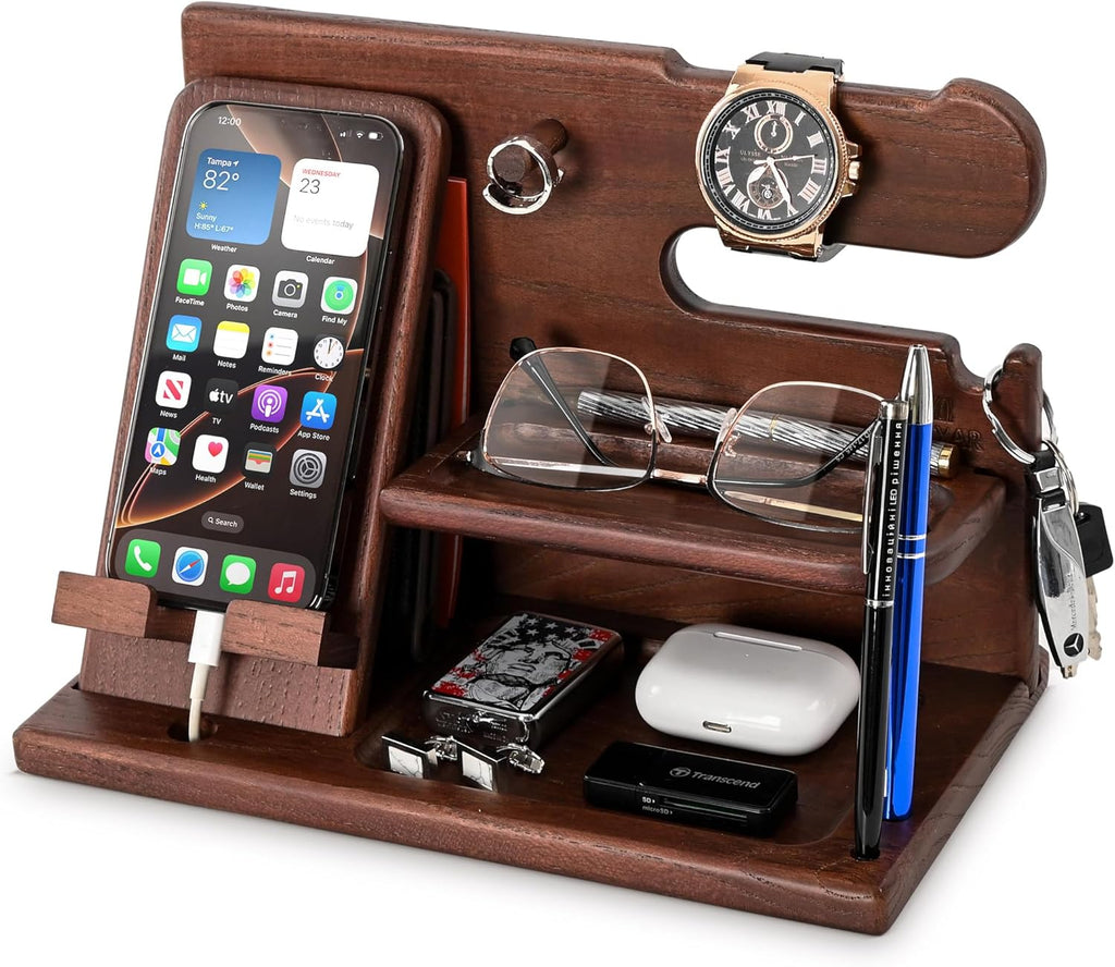 Gifts for Men Wood Phone Docking Station – Solid Ash Nightstand Organizer with Key Holder, Wallet & Watch Stand, Wooden Desk Organizer for Husband Boyfriend Dad Birthday Gift (Brown)