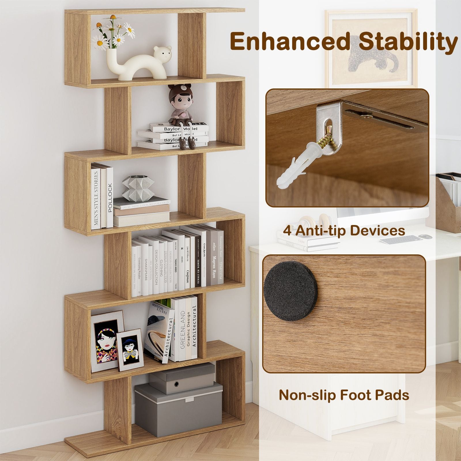 6-Tier S-Shaped Wooden Industrial Bookshelf