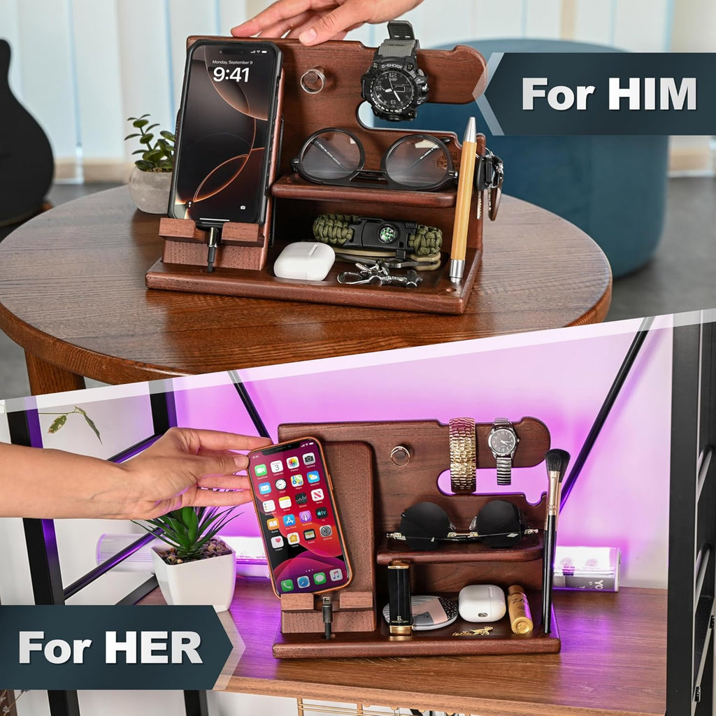 Gifts for Men Wood Phone Docking Station – Solid Ash Nightstand Organizer with Key Holder, Wallet & Watch Stand, Wooden Desk Organizer for Husband Boyfriend Dad Birthday Gift (Brown)