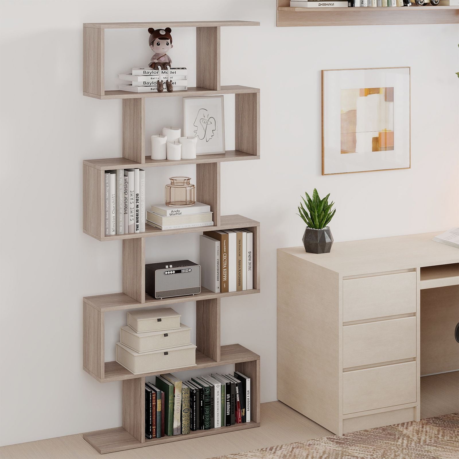 6-Tier S-Shaped Wooden Industrial Bookshelf
