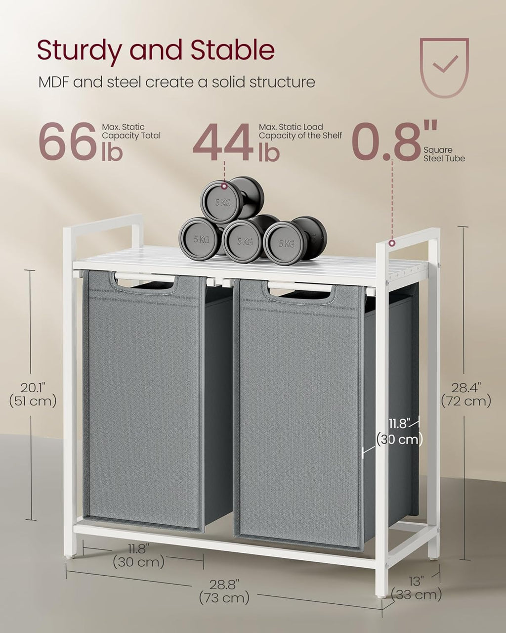 Laundry Hamper, Laundry Basket, Laundry Sorter with 2 Pull-Out and Removable Bags, Shelf, Metal Frame, 2 X 12.1 Gallons (46 L), 28.8 X 13 X 28.4 Inches, Slate Gray and Cloud White UBLH201W11
