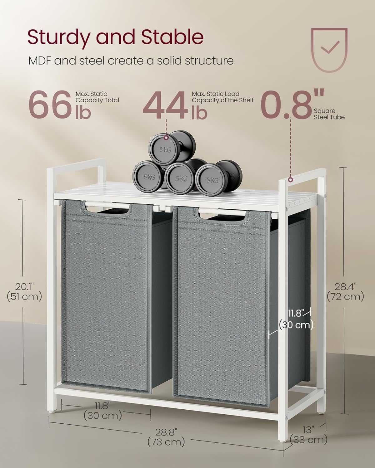 Laundry Hamper, Laundry Basket, Laundry Sorter with 2 Pull-Out and Removable Bags, Shelf, Metal Frame, 2 X 12.1 Gallons (46 L), 28.8 X 13 X 28.4 Inches, Slate Gray and Cloud White UBLH201W11
