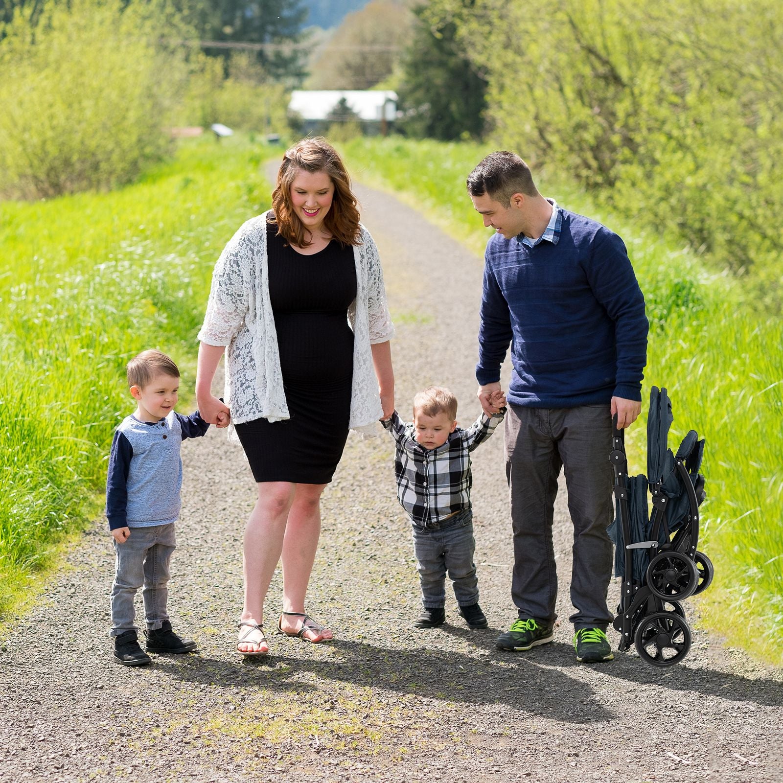 Double Pushchair with Adjustable Backrest and Sunshade