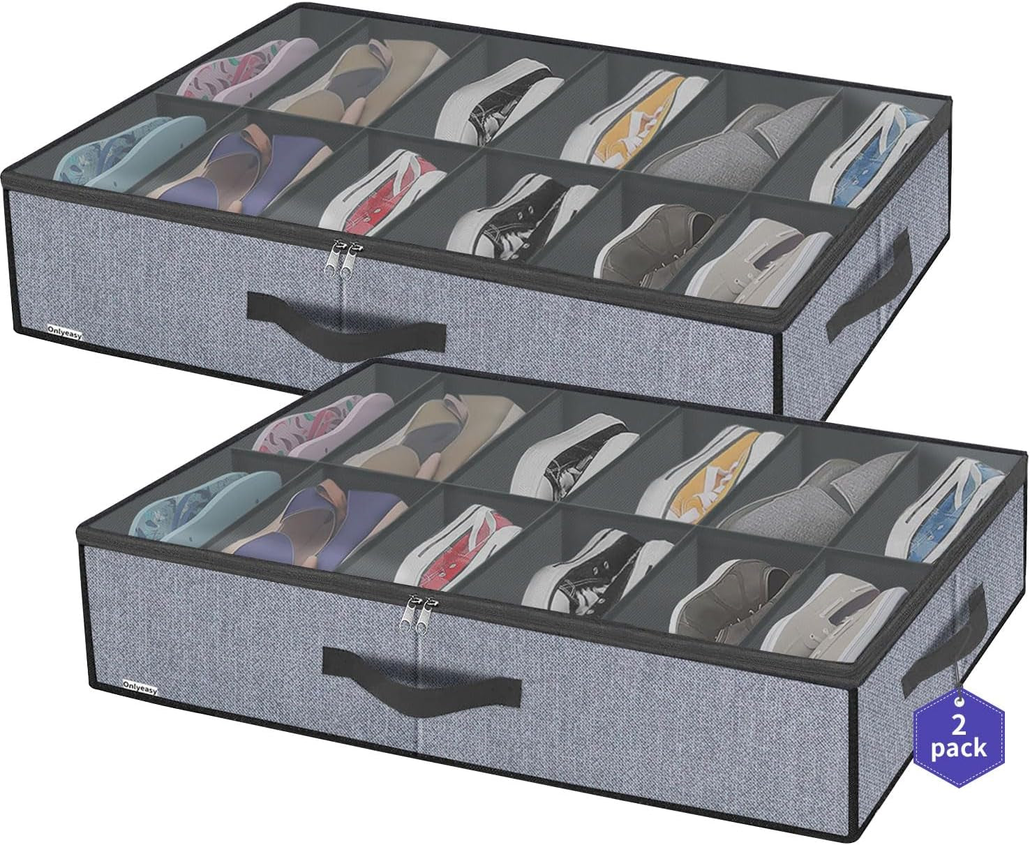 Large under Bed Shoe Organizer (6 to 12 Pairs X 2) - Underbed Shoes Closet Storage Solution with Metal Zipper and 2 Handles, Breathable, 29.3"X23.6"X5.9", Linen-Like Grey, MXDUBSB2P