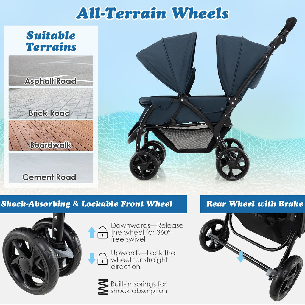 Double Pushchair with Adjustable Backrest and Sunshade