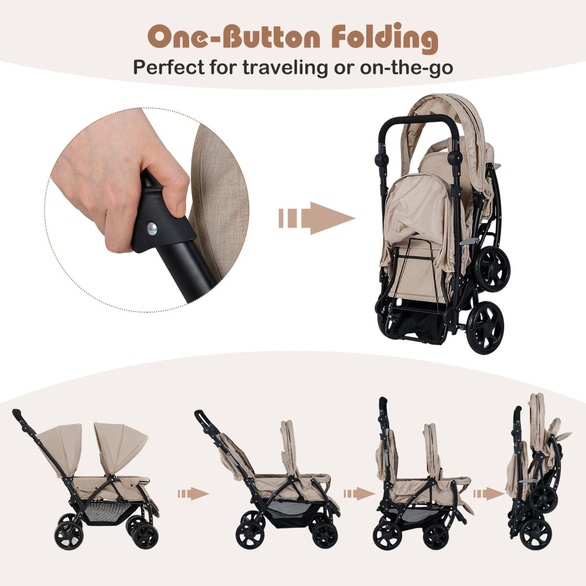 Double Pushchair with Adjustable Backrest and Sunshade