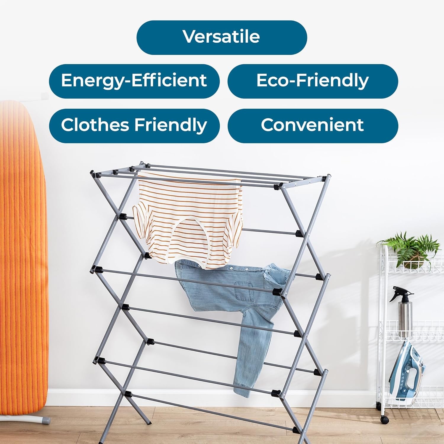 Oversize Portable Collapsible Clothes Drying Rack, Alloy Steel, Silver, 50 Lbs