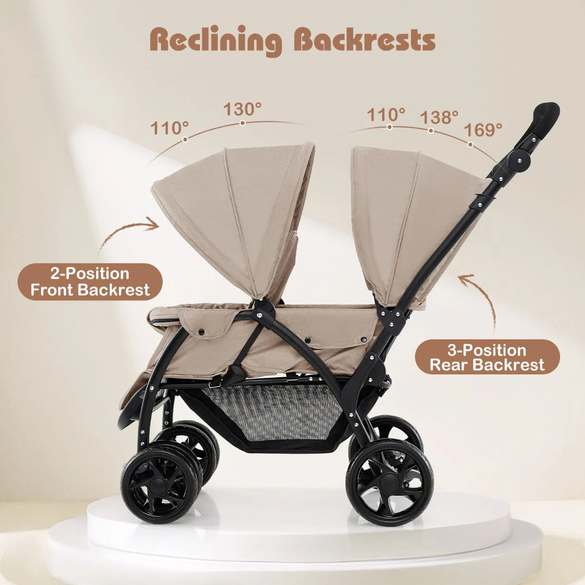 Double Pushchair with Adjustable Backrest and Sunshade
