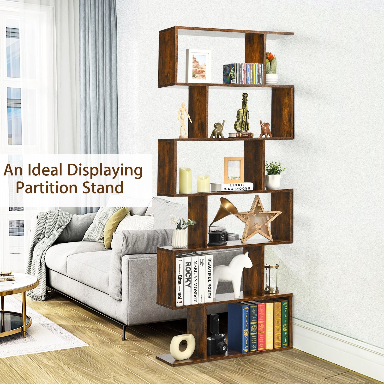 6-Tier S-Shaped Wooden Industrial Bookshelf