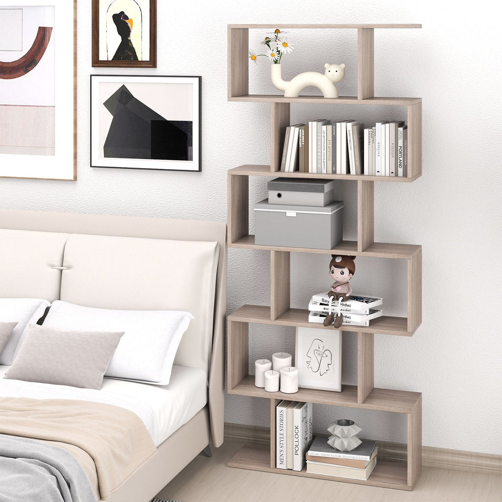 6-Tier S-Shaped Wooden Industrial Bookshelf