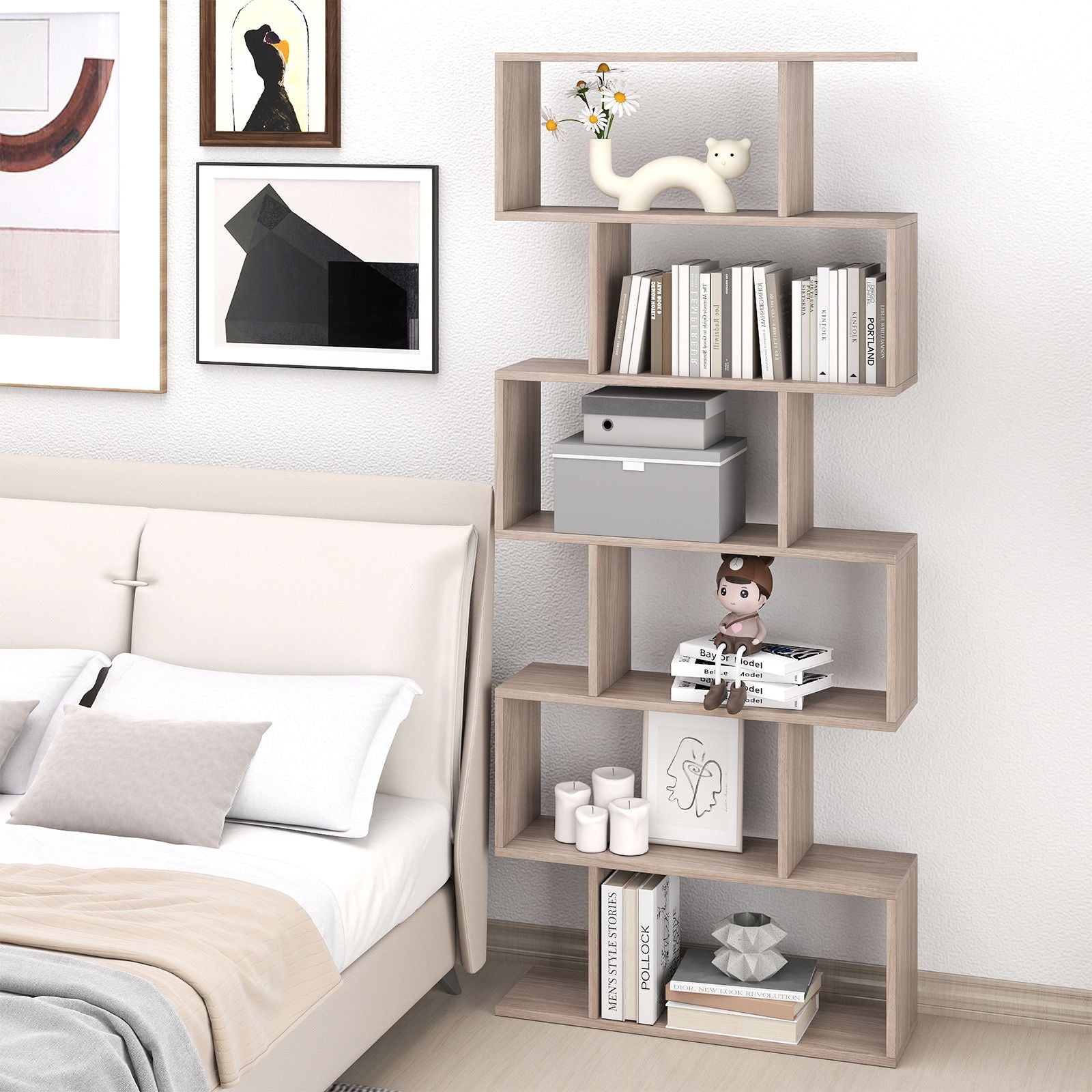 6-Tier S-Shaped Wooden Industrial Bookshelf