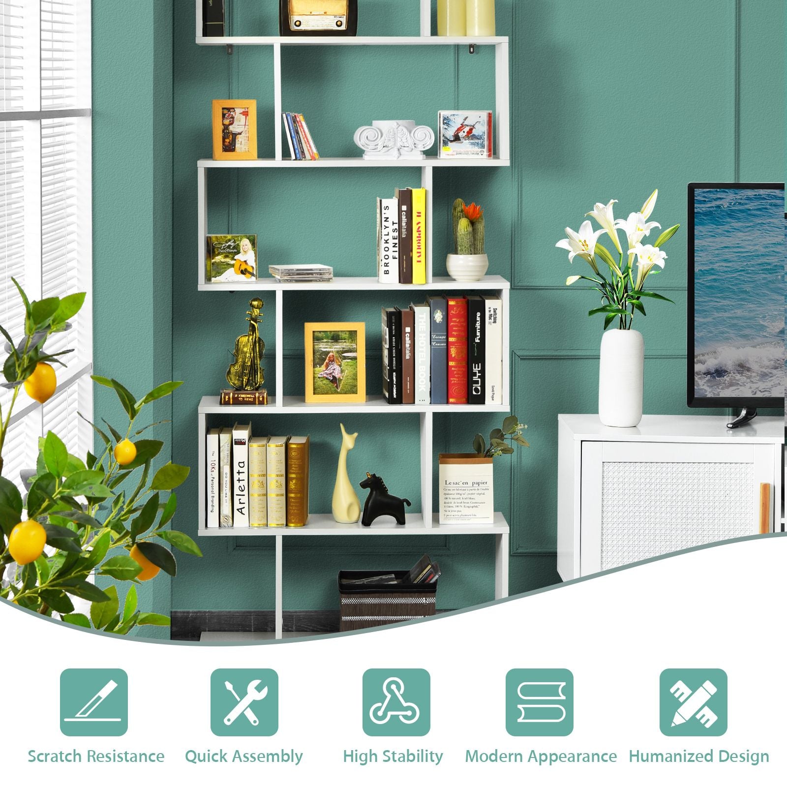 6-Tier S-Shaped Wooden Industrial Bookshelf