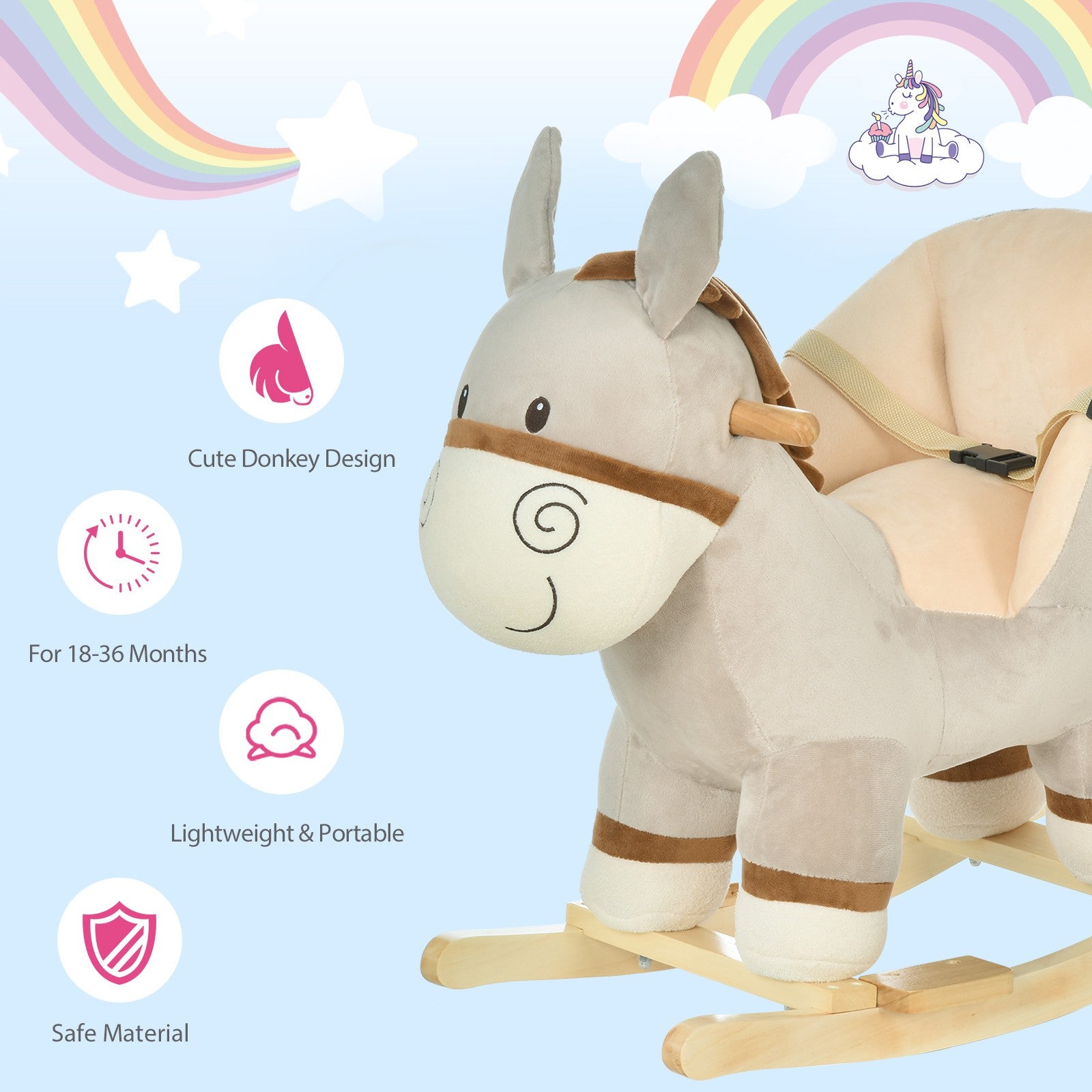 HOMCOM Cute Kids Ride-On Rocking Donkey W/ Sound Handlebars Seat Belt Plush Body