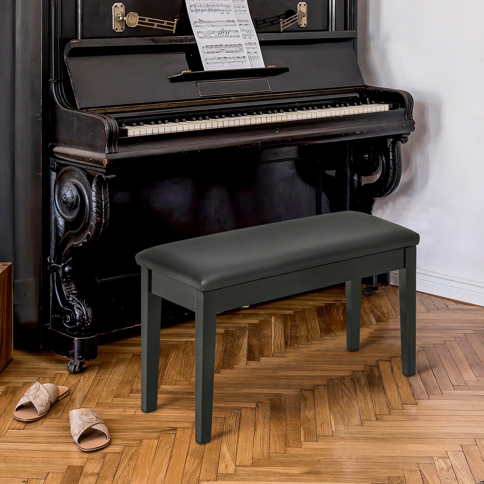 Classic Piano Bench Stool, PU Leather Keyboard Seat Rubber Wood Legs Black