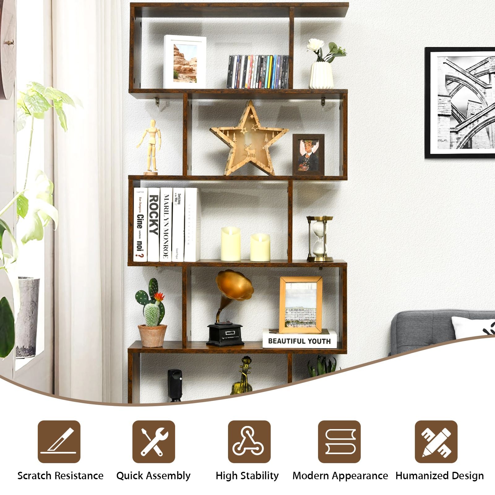 6-Tier S-Shaped Wooden Industrial Bookshelf