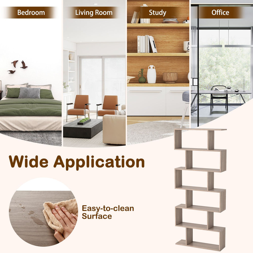 6-Tier S-Shaped Wooden Industrial Bookshelf