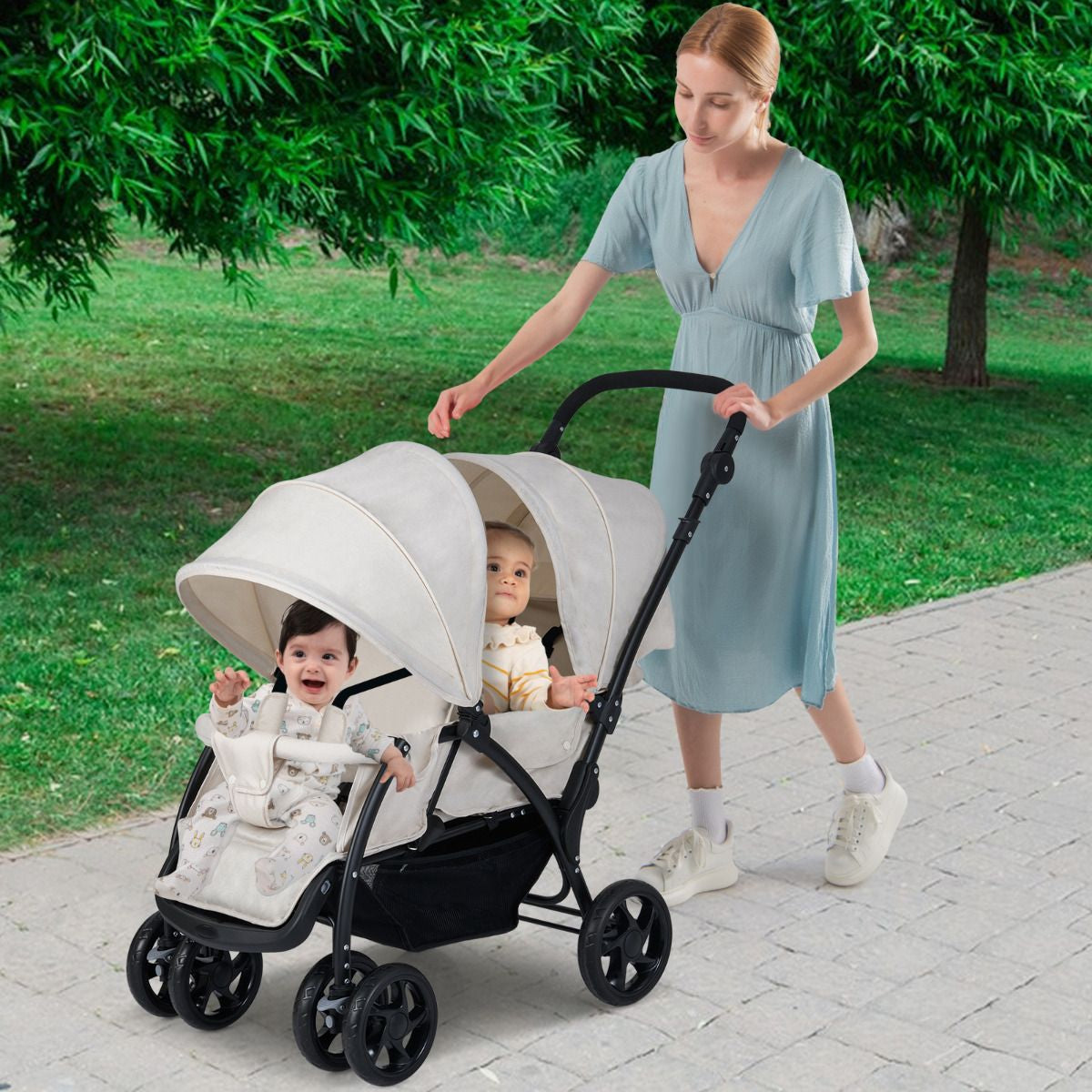 Double Pushchair with Adjustable Backrest and Sunshade