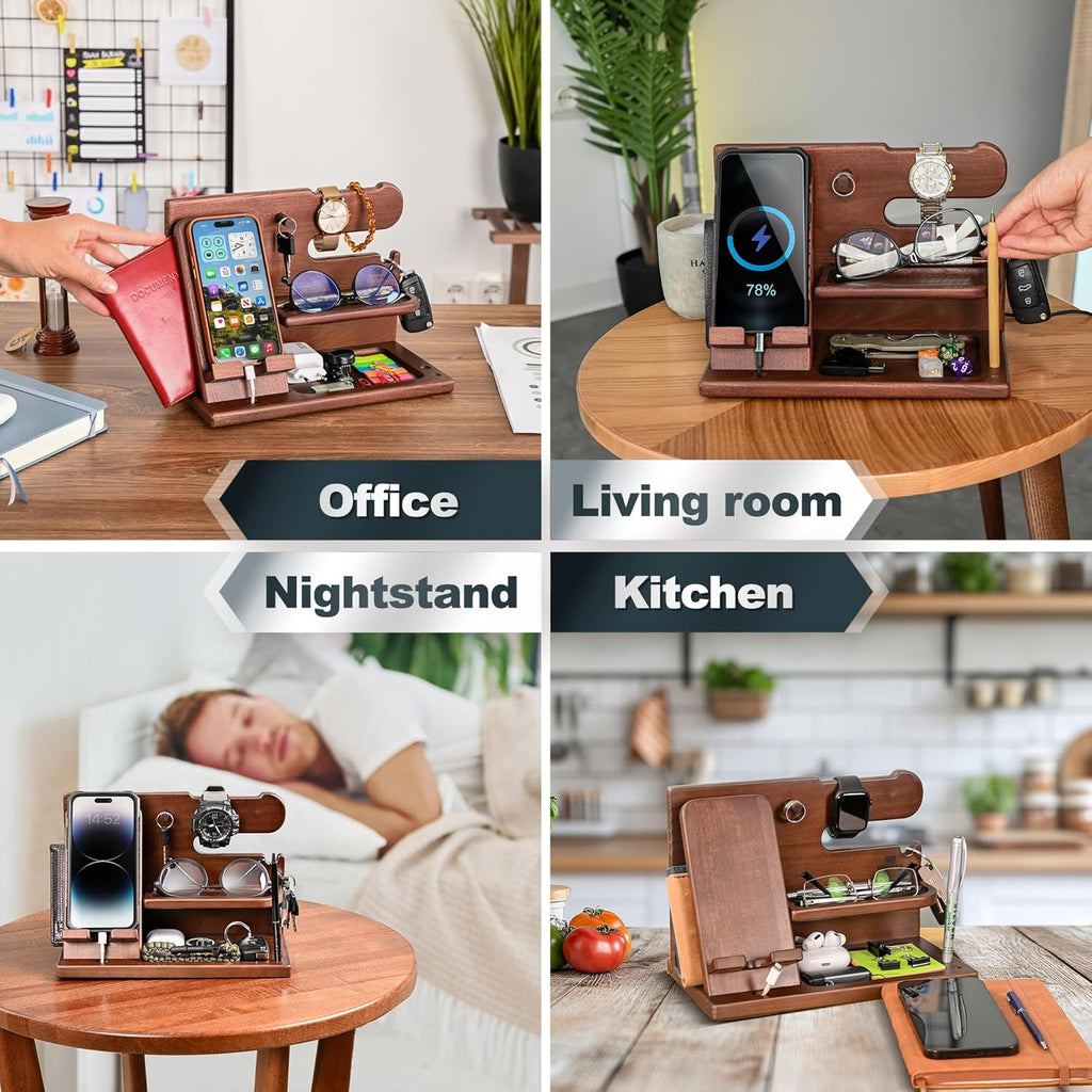 Gifts for Men Wood Phone Docking Station – Solid Ash Nightstand Organizer with Key Holder, Wallet & Watch Stand, Wooden Desk Organizer for Husband Boyfriend Dad Birthday Gift (Brown)