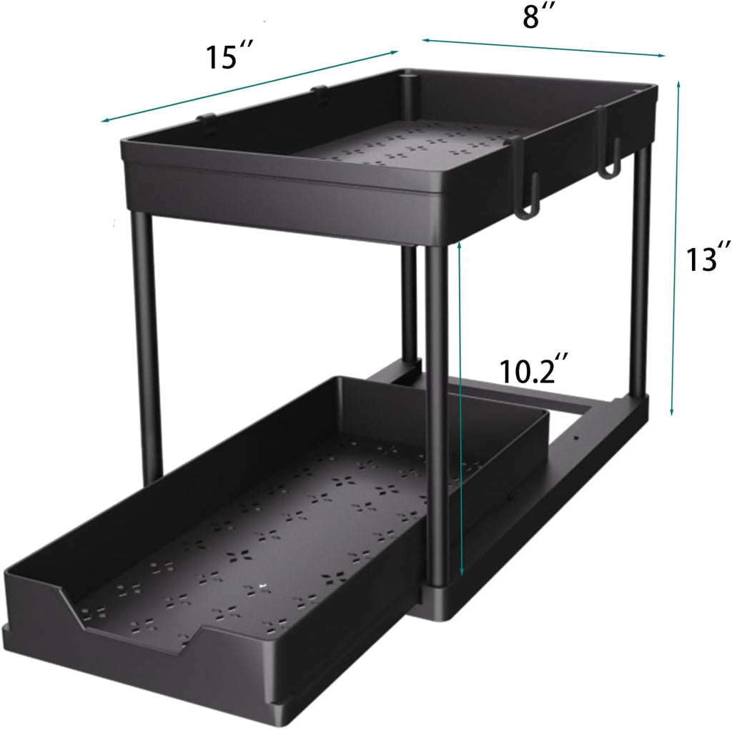 under Sink Storage 2 Pack, 2 Tier Sliding Organiser, Multi-Purpose Shelf Organiser, Pull Out Cabinet Basket Drawer (Black)
