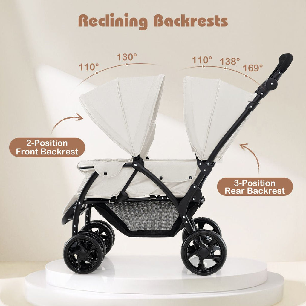 Double Pushchair with Adjustable Backrest and Sunshade