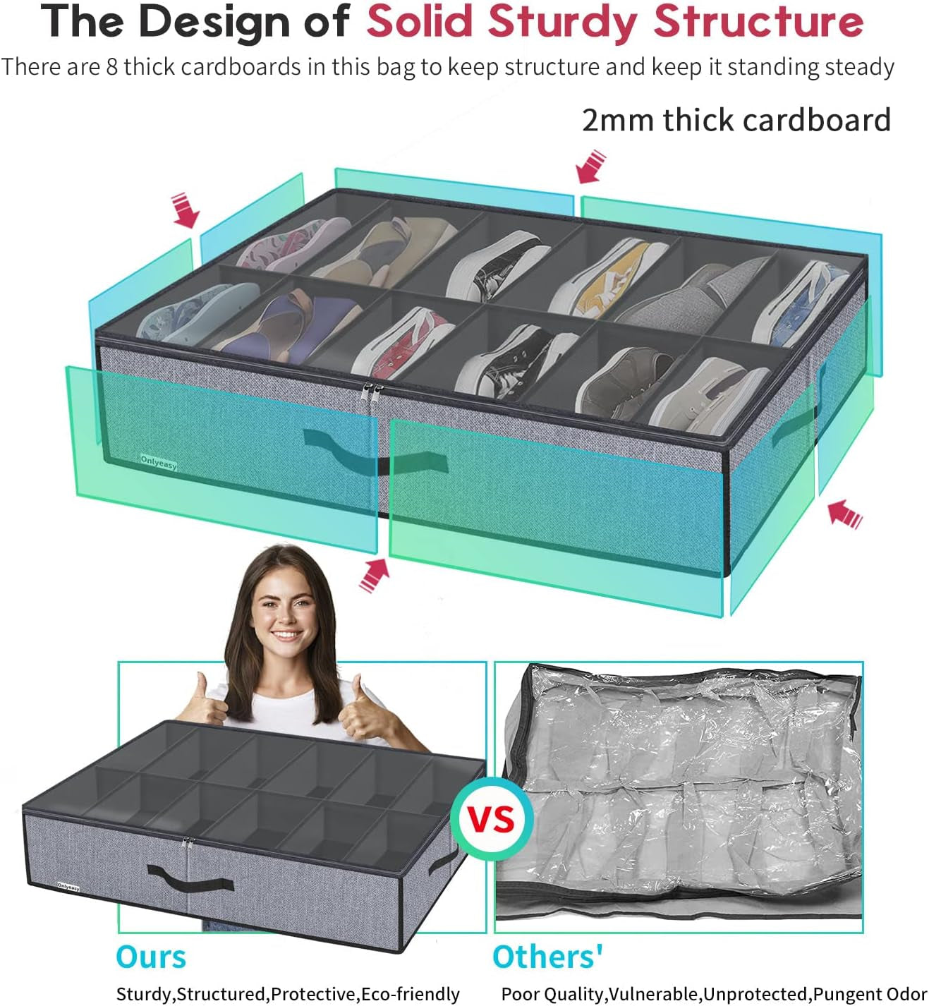 Large under Bed Shoe Organizer (6 to 12 Pairs X 2) - Underbed Shoes Closet Storage Solution with Metal Zipper and 2 Handles, Breathable, 29.3"X23.6"X5.9", Linen-Like Grey, MXDUBSB2P